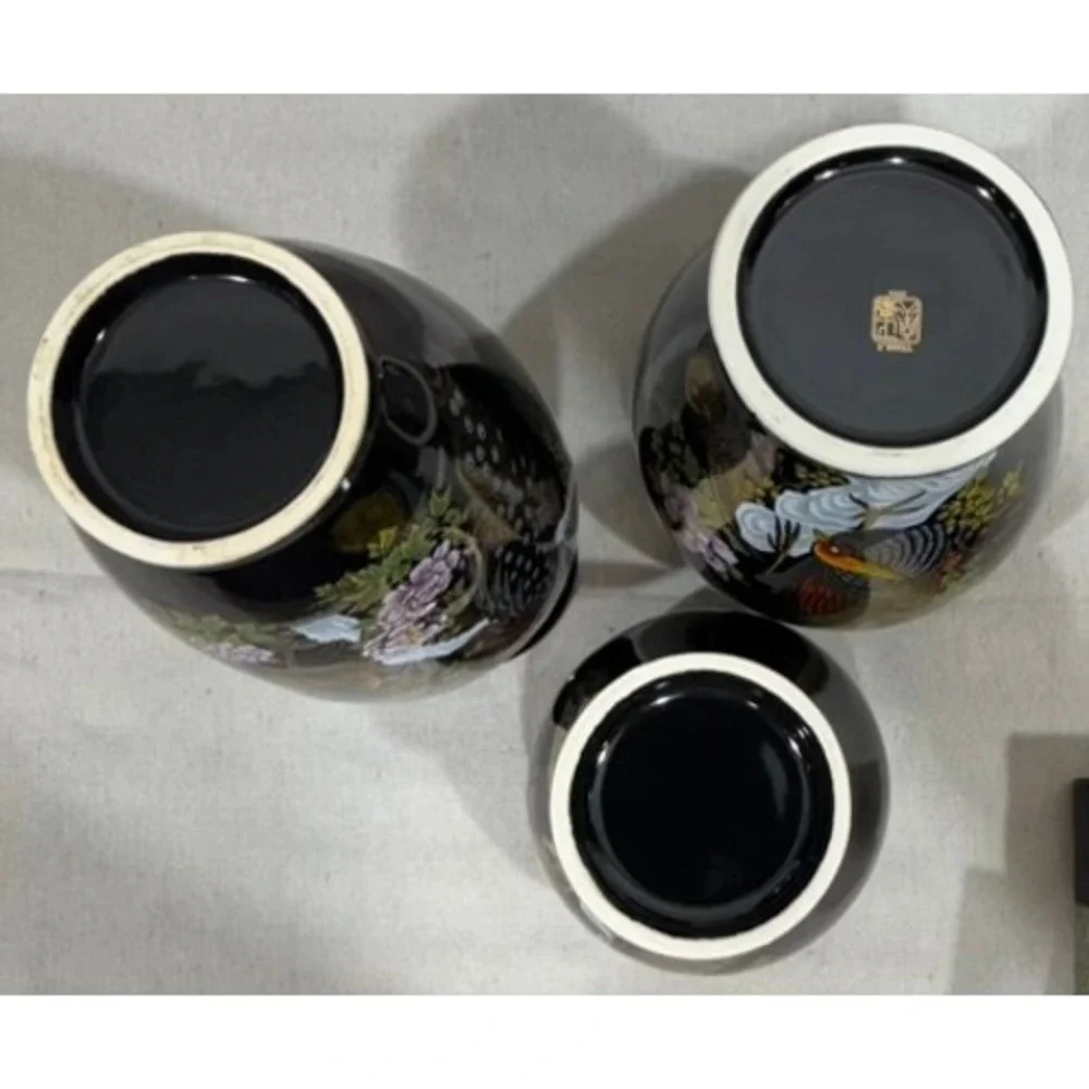 Yamaji Japan Black Porcelain Vase Set 3pc Peacock Floral Gold Trim Chinoiserie